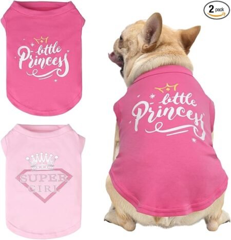 KOOLTAIL Girl Dog Clothes for Small Medium Dogs-2 Pack Summer Dog Vest Shirt with Printing, Soft Breathable Cotton Pet T Shirt Apparel for Frenchi Bulldog,Puppy,Cats, Pink+Rose